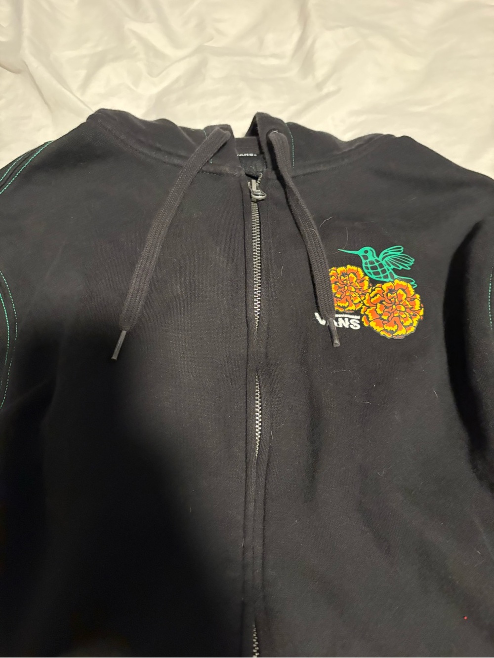 Vans Black Zip-Up Hoodie with Teal Hummingbird and Orange Floral Embroidery